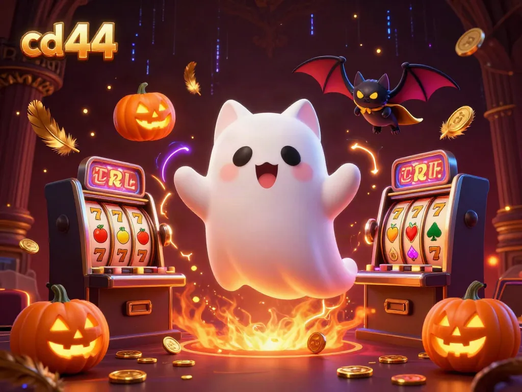 Experience the thrill of cd 44 in a haunted casino with a ghost cat, bat, and glowing jack-o-lanterns.