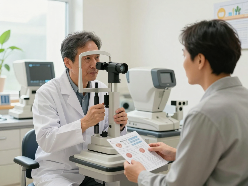 Cataract eye surgery consultation in a modern clinic with doctor and patient.