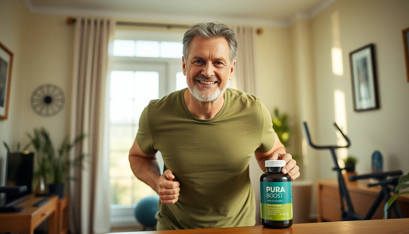 Pura Boost enhances male vitality and energy, featuring a confident man in a vibrant setting.