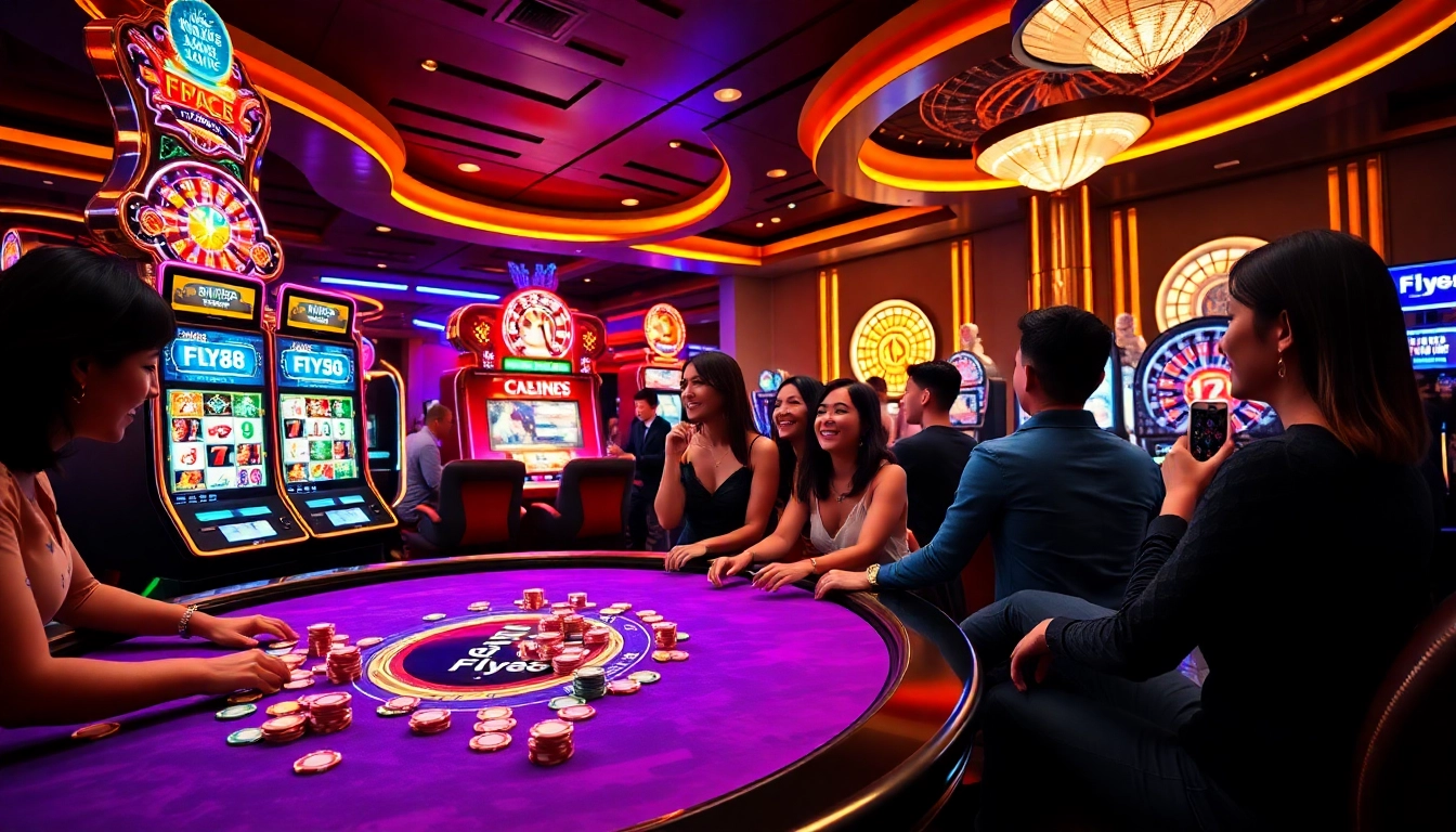 nhà cái FLY88 gamblers enjoying an exciting game at a colorful casino table