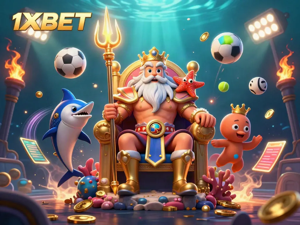 Engage with 1XBET in this vibrant casino-themed 3D scene featuring Neptune and dynamic sports elements.