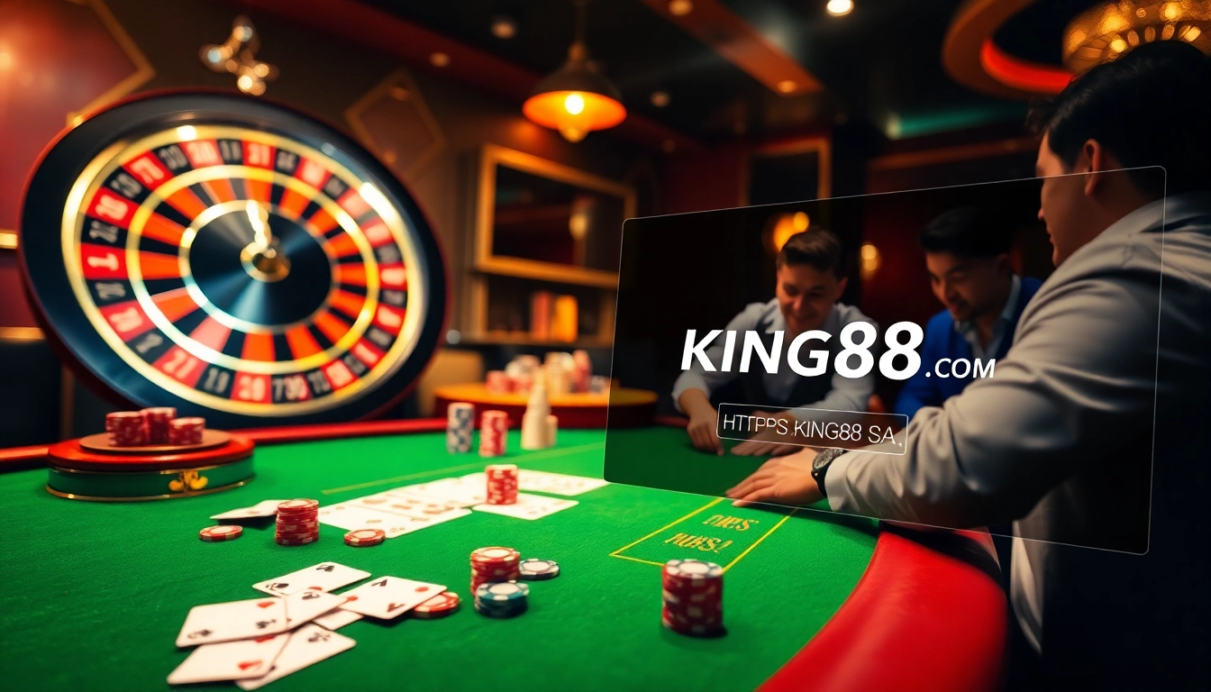 Action-packed gaming scene featuring casino elements and https://king88sa.com/ for an engaging gambling experience.