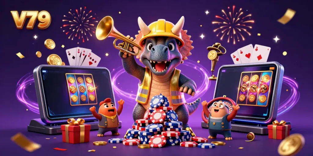 Win with V79 as a triceratops builds poker chips while exciting slot games and coins surround the scene.