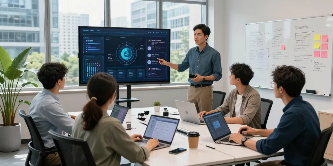 Team collaborating in a modern tech workspace showcasing juicy ai application design.