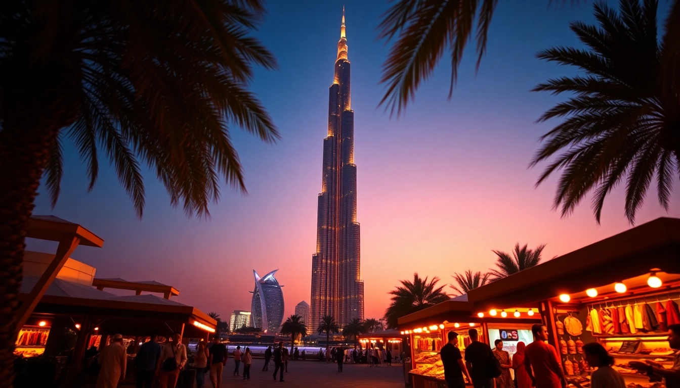 Experience the vibrant culture as you travel to Dubai with a stunning sunset over Burj Khalifa in view.