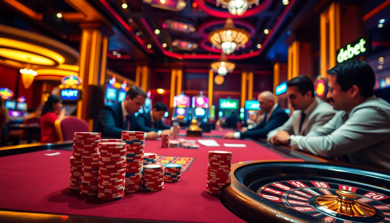 Exciting casino scene with poker table and debet-themed betting chips.