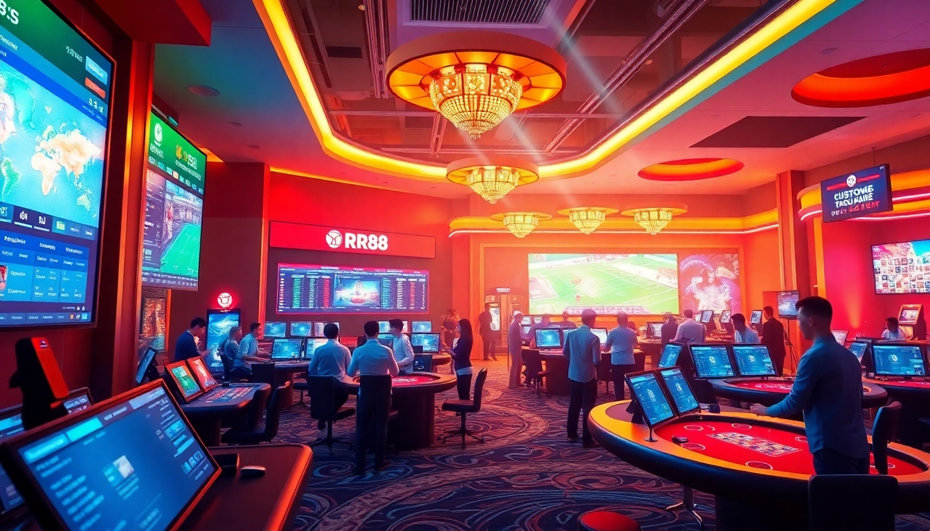 Vibrant scene of Nhà cái RR88 showing online betting platforms with modern interfaces and enthusiastic players.