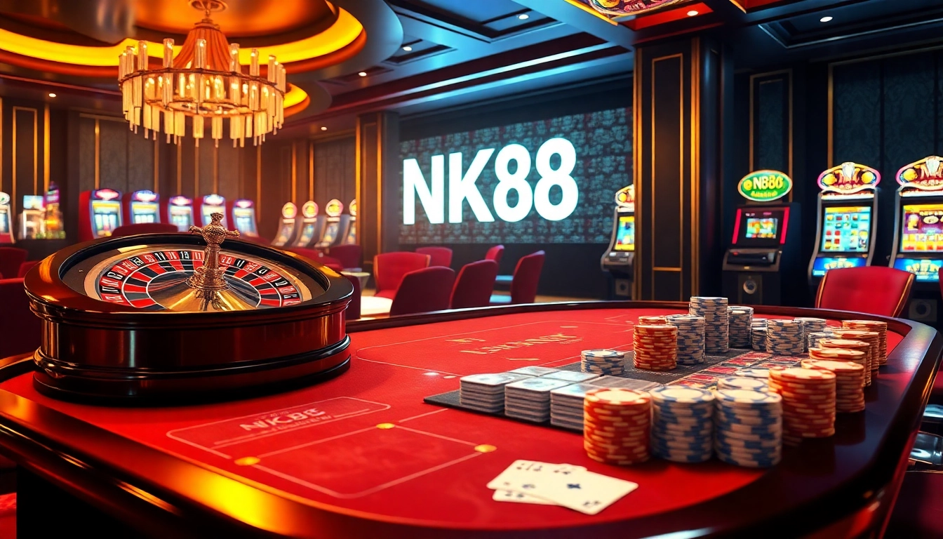 Engaging NK88 casino scene featuring a roulette wheel, poker chips, and luxury atmosphere.