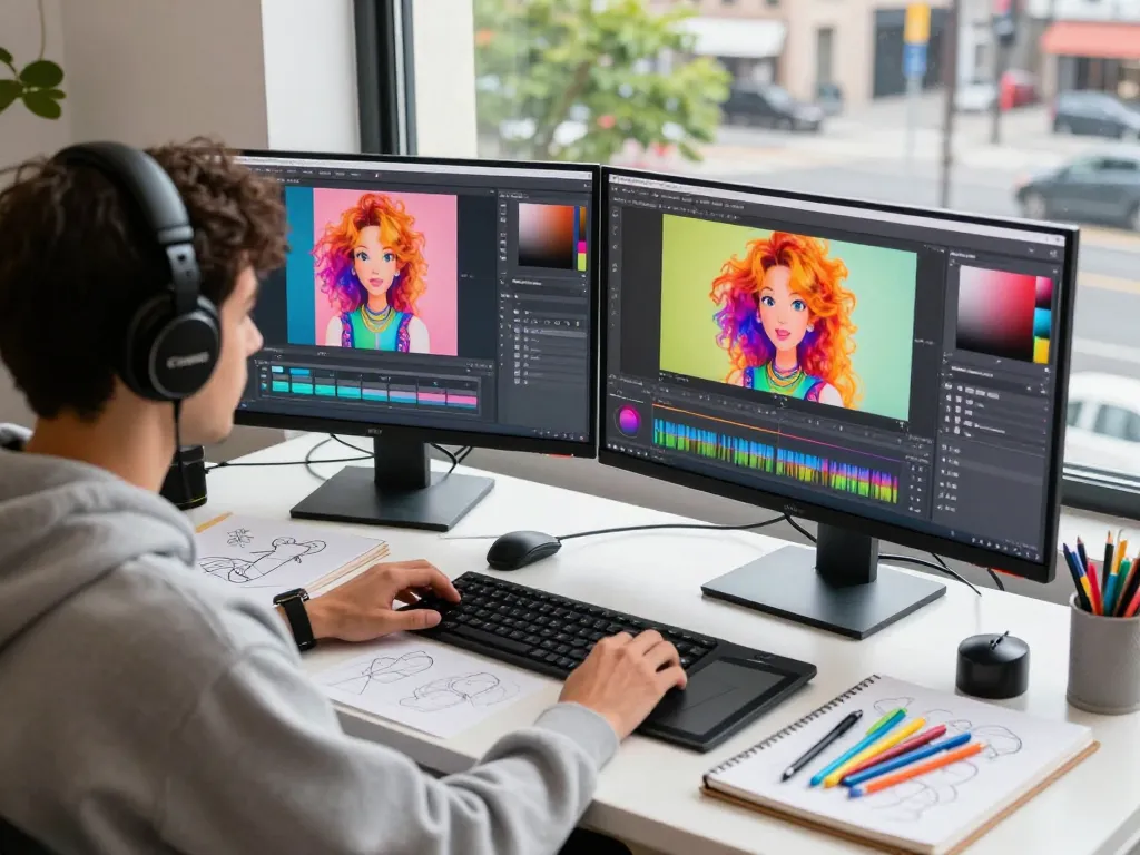 Digital artist using nano banana pro for vibrant image editing in creative workspace.