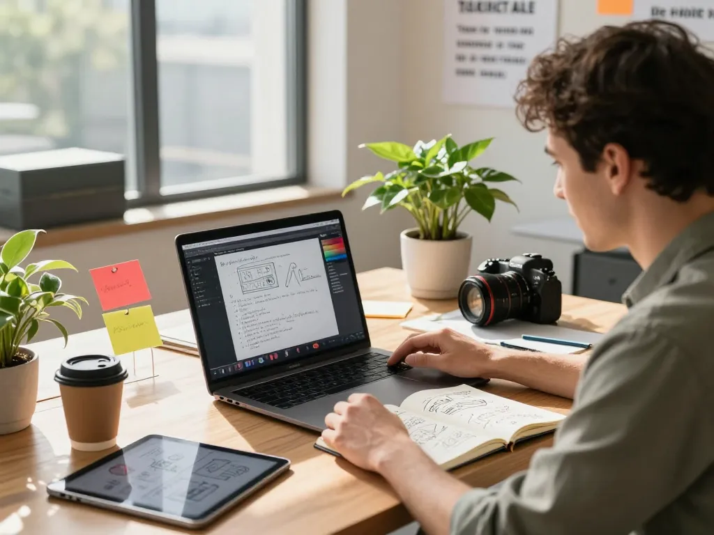 Content creator using a video to prompt generator in a modern workspace with detailed AI prompts displayed on the laptop.