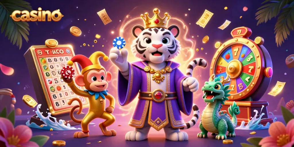 Experience casino excitement with an animated tiger, monkey, and magical elements in a vibrant scene.