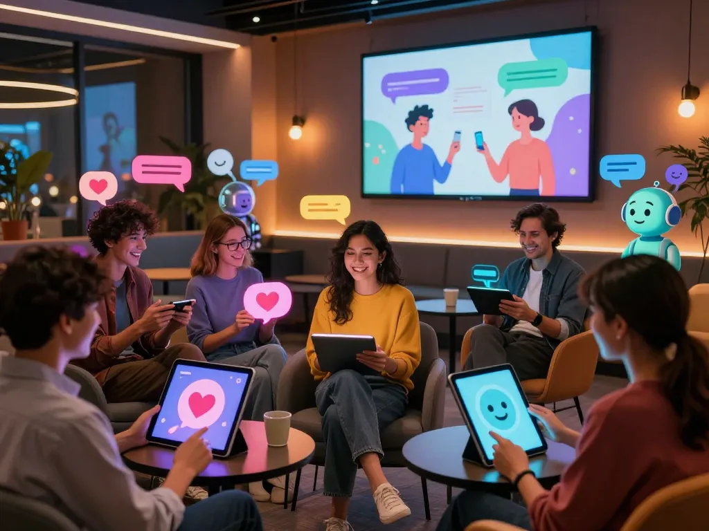 Engaging with sex chat AI in a vibrant digital lounge, showcasing immersive conversations.