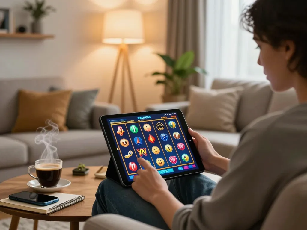 Engaging Slot Malaysia online gameplay with colorful reels displayed on tablet, showcasing a relaxed home setting
