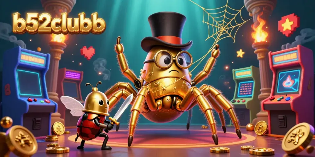Experience thrilling gameplay with b52clubb as a golden tarantula weaves web around colorful arcade games.