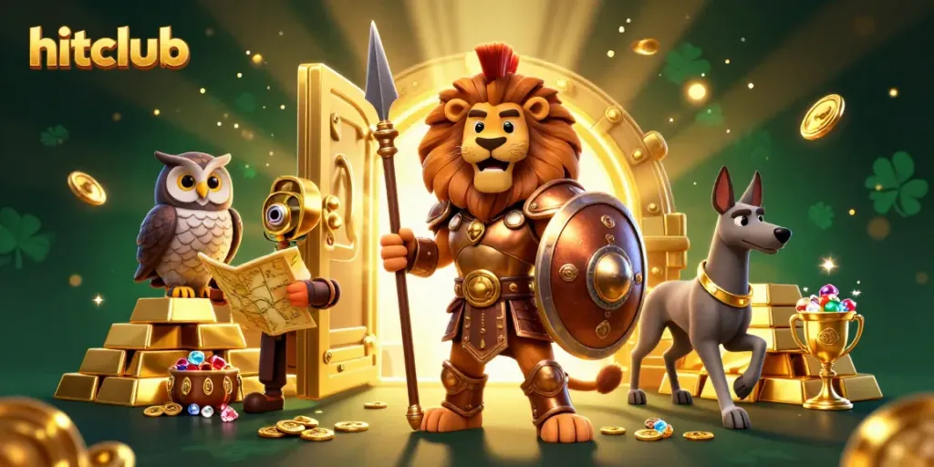 Experience thrilling moments at hitclub with 3D characters surrounded by treasures and sparkling casino elements.