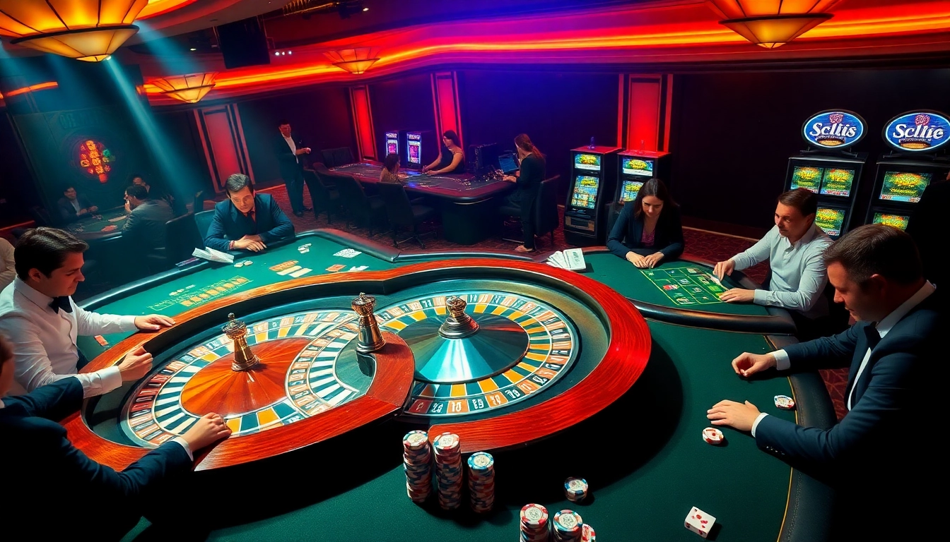 Players enjoy an exciting game at Lc88 casino tables, showcasing poker chips and a roulette wheel.
