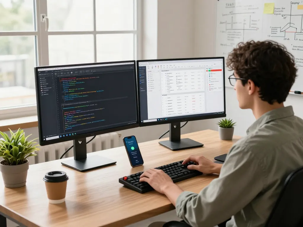 Developer utilizing Open Claw AI assistant in modern workspace with dual monitors and coding tools.