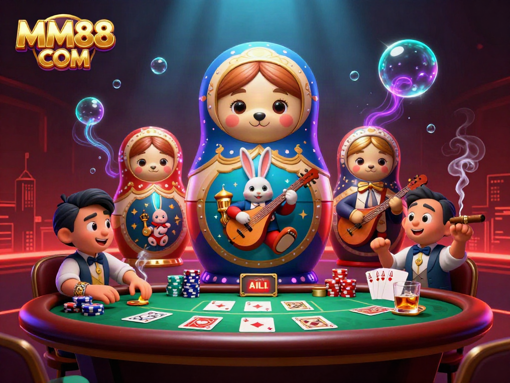Engage with thrilling gameplay at MM88 COM featuring a dynamic casino scene with bears and poker elements.
