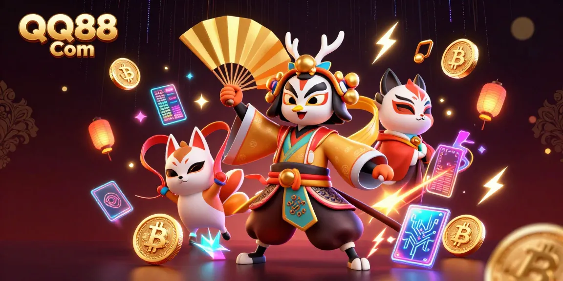 Engage with dynamic QQ88 Com gaming scene featuring characters, cryptocurrency elements, and vibrant casino energy.