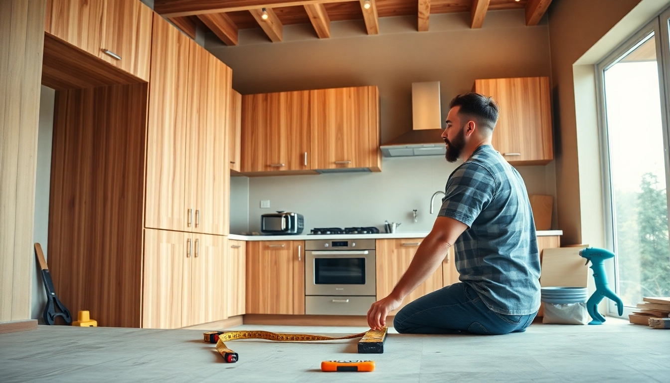Skilled kitchen fitters install modern cabinets in a bright, welcoming kitchen space.