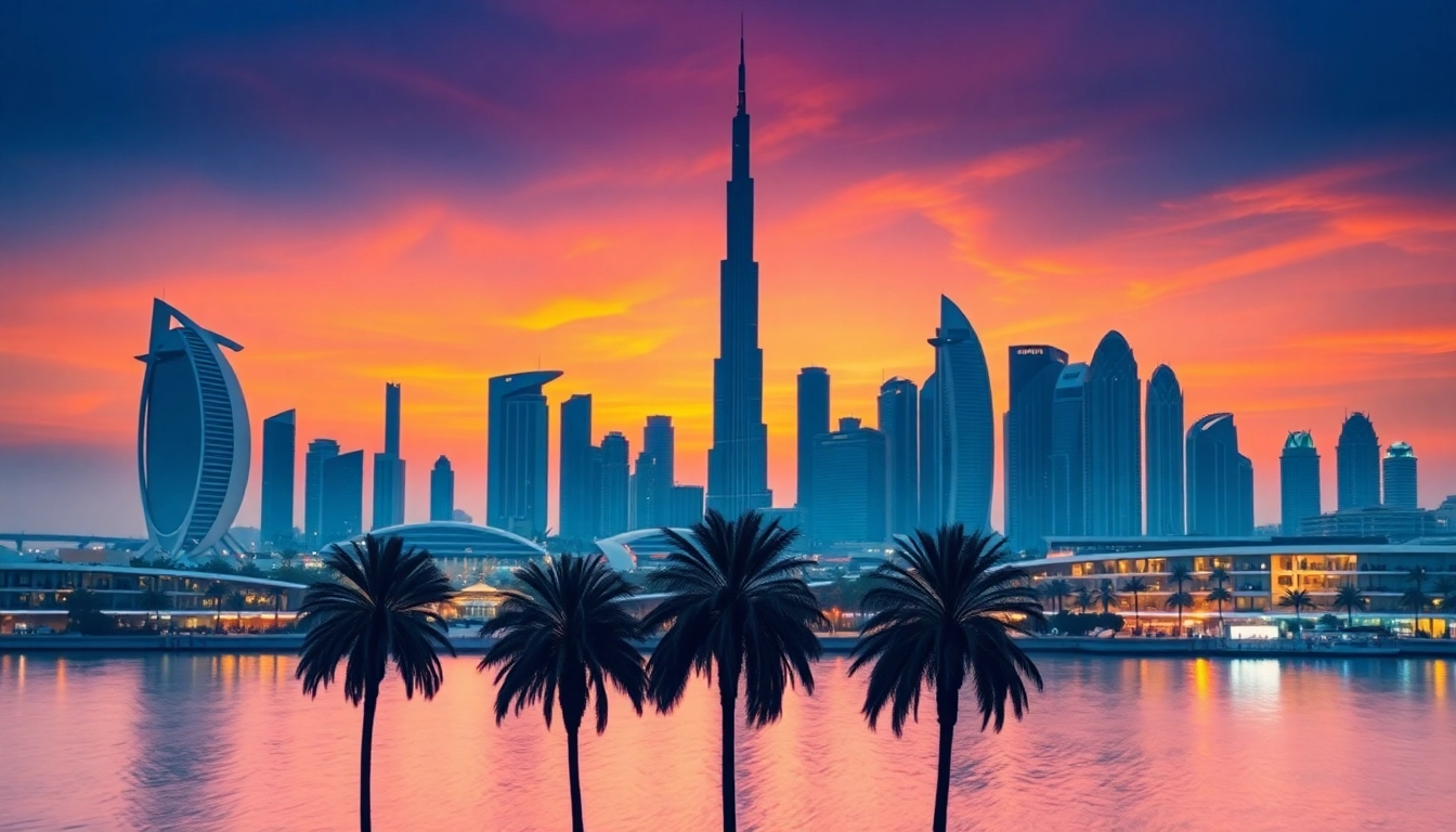 Experience the vibrant city skyline while you travel to Dubai, featuring iconic Burj Khalifa at dusk.
