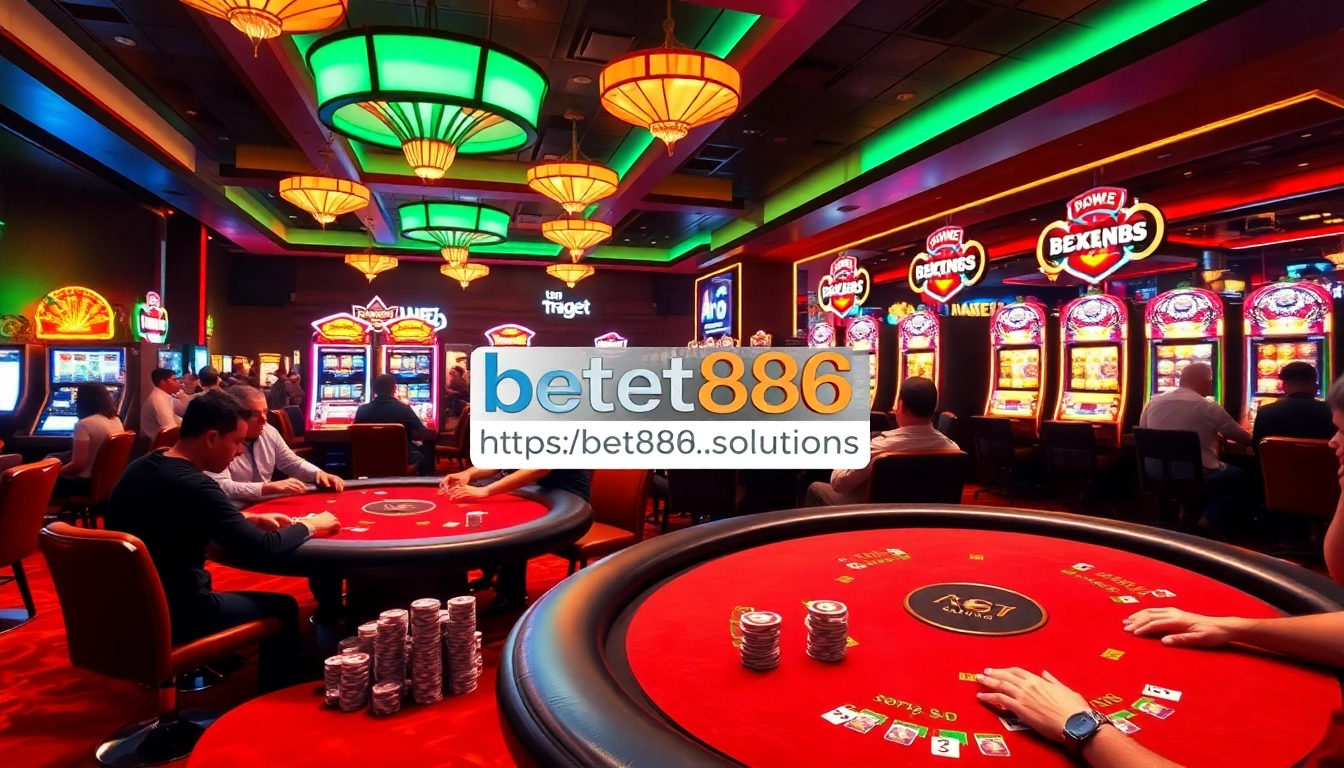 A vibrant casino scene with poker tables and slot machines at https://bet888.solutions/, showcasing players and high energy.