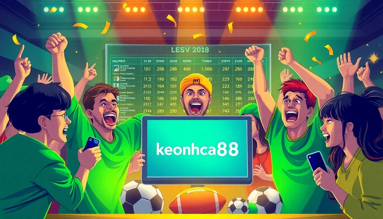 Celebrate betting victory with keonhacai88 and enthusiastic fans in a vibrant sports setting.