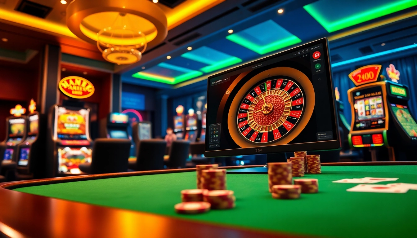 Experience the luxurious ambiance of online gambling at https://bj88b.com/, featuring roulette wheels and poker tables in a vibrant casino scene.