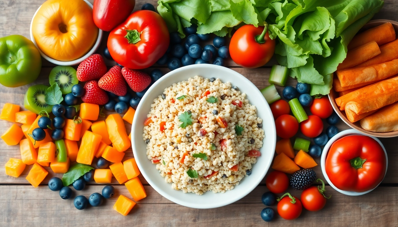 Arrange a colorful healthy food spread with fresh fruits and vegetables.