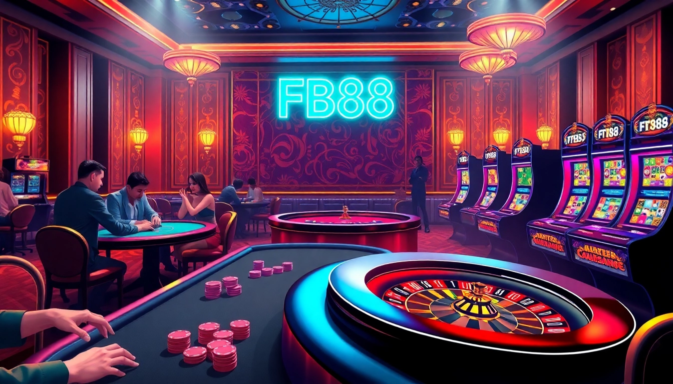 "Join the excitement at FB88 with players enjoying blackjack and vibrant slot machines in a lively casino."