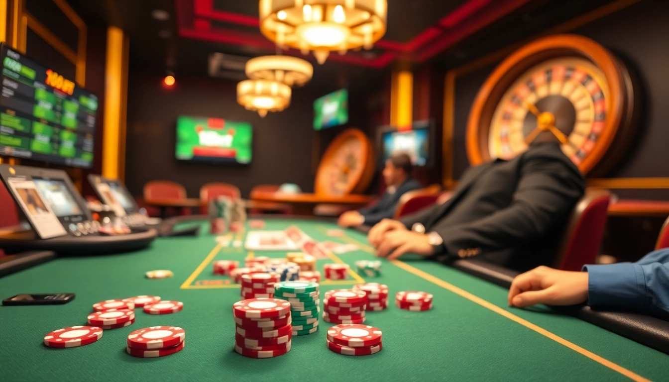 Players enjoying a thrilling poker game at 188bet's online casino, complete with vibrant poker chips and a spinning roulette wheel.