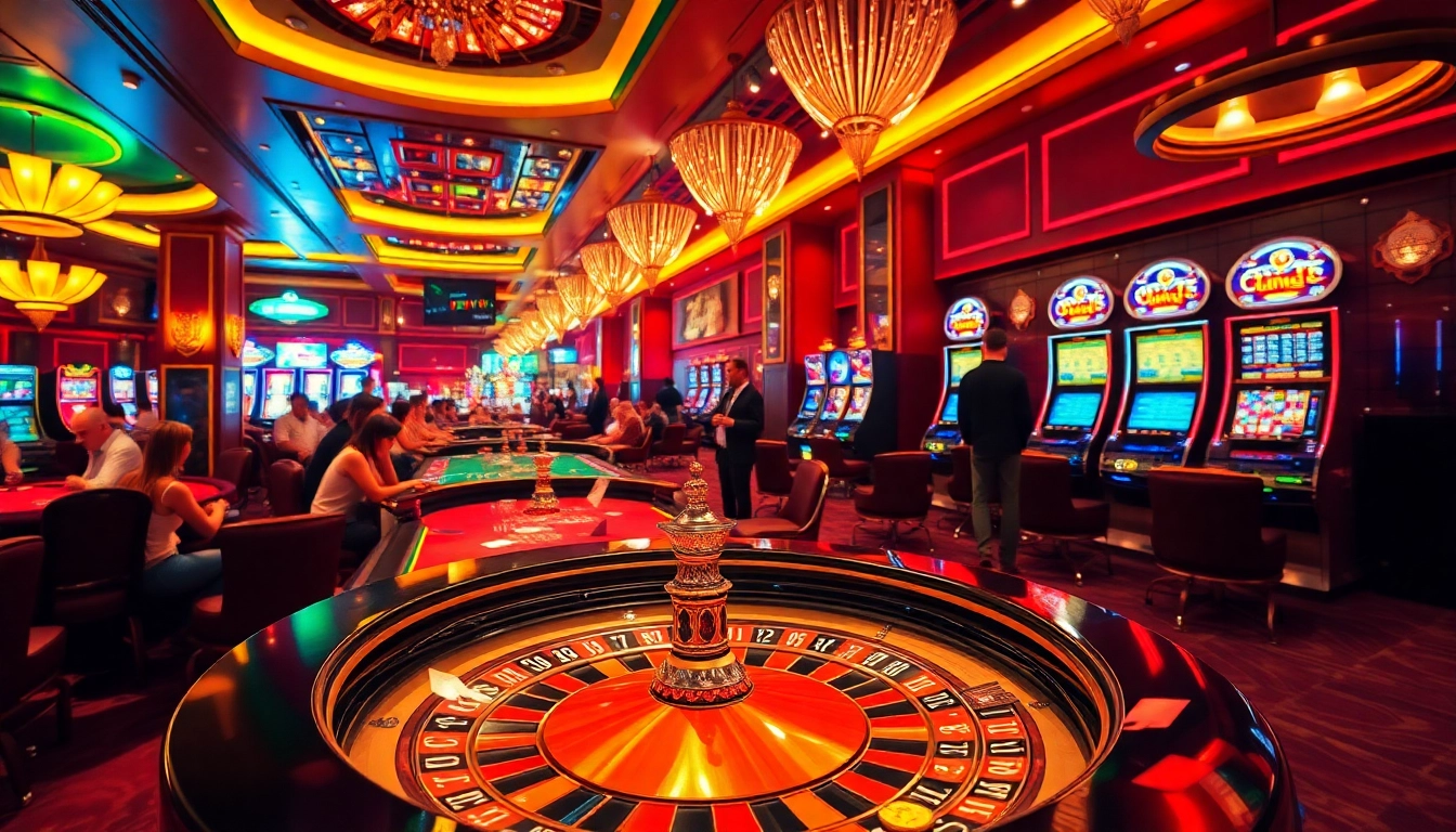 Players enjoying an electrifying gambling experience at 69VN, featuring roulette, poker tables, and vibrant slot machines.