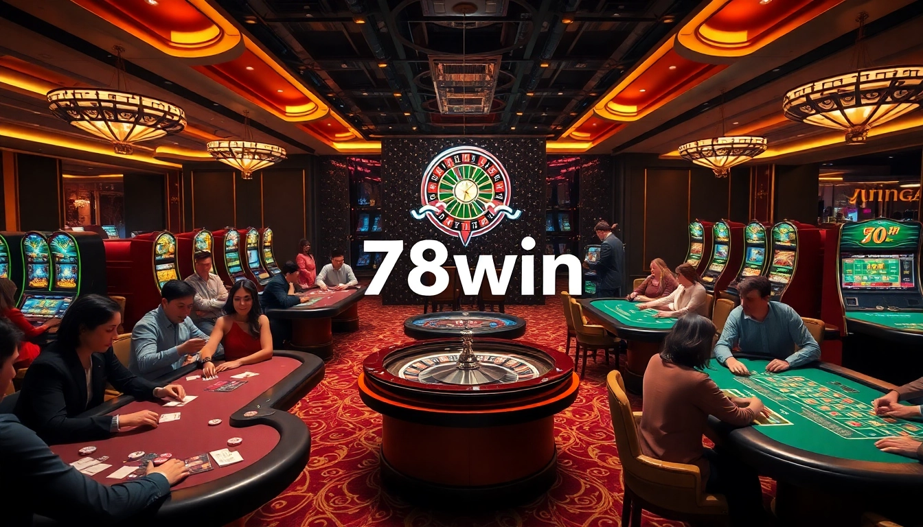 "The thrilling atmosphere of '78win' casino, showcasing players enjoying poker and slot machines."