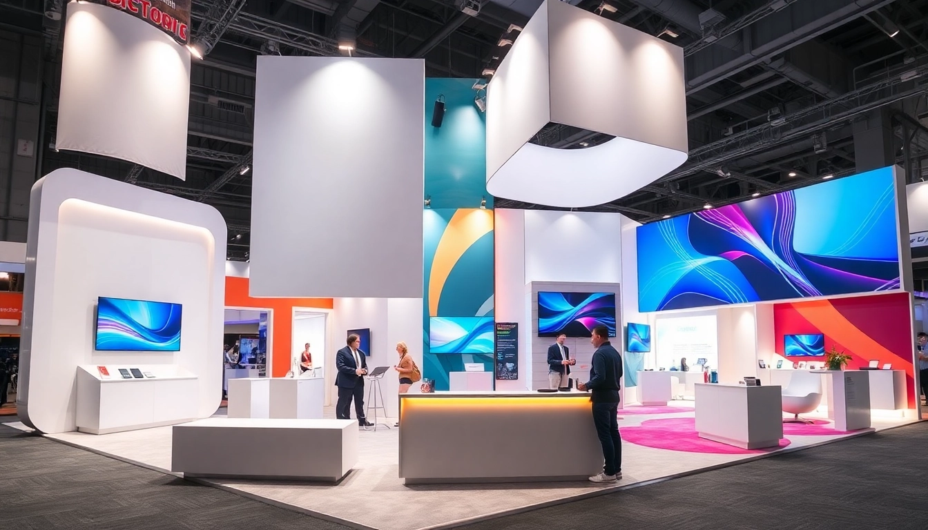 Custom exhibition stand builder UK designing a vibrant, inviting exhibition booth for trade shows.