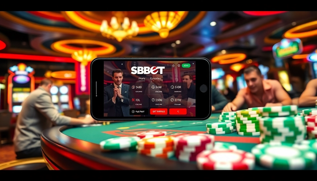 SBOBET mobile betting app showcased against a lively casino backdrop with players at poker tables.