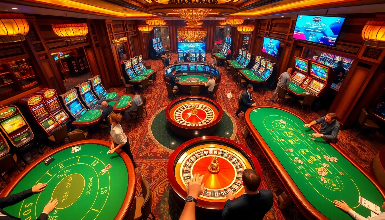 Enjoying vibrant gameplay at Kim Casino with players at tables, slot machines, and roulette.