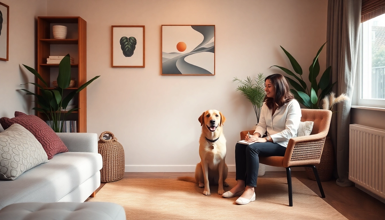 Engaging session with a Sydney Psychologist and therapy dog in a warm, inviting setting.