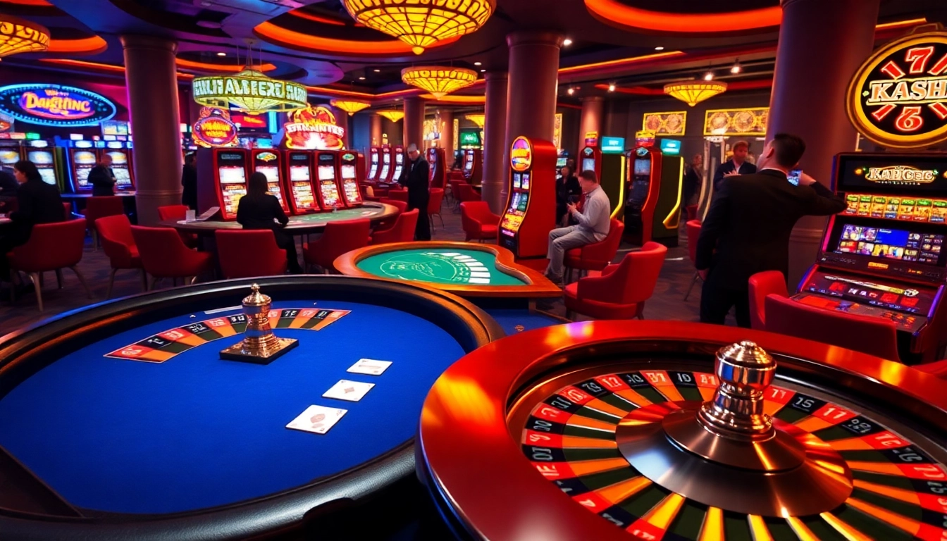 Casino gaming scene showcasing KJC AC 1 with roulette wheel, poker tables, and slots.