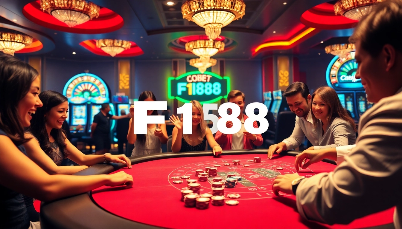 Players enjoying F168 casino games at a vibrant gaming table filled with chips and cards.