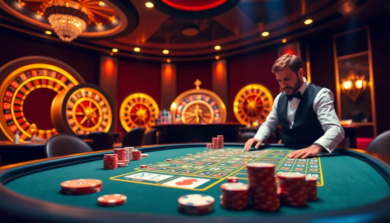 Experience excitement at https://f168.studio/ with a thrilling casino scene featuring poker chips and cards.
