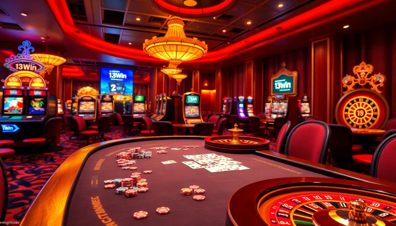 Engaging scene of 13Win casino gaming with vibrant cards, roulette, and luxurious atmosphere.
