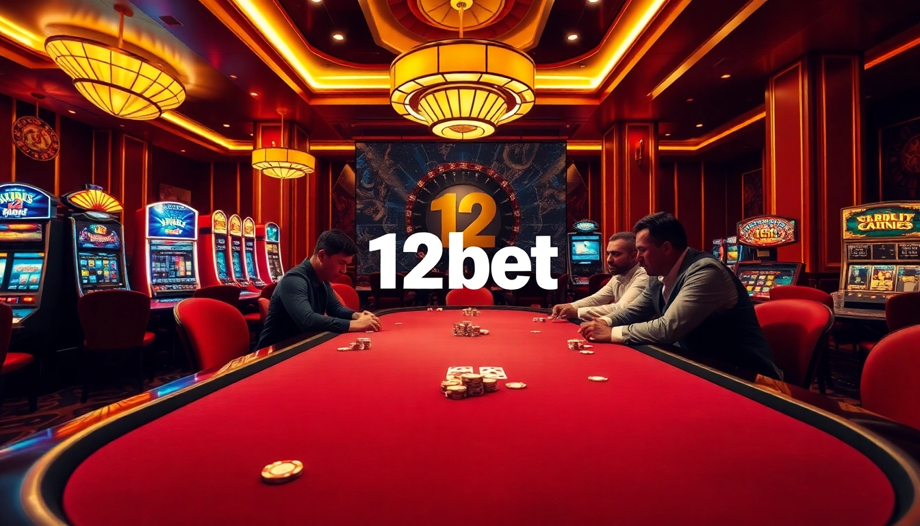 Experience the excitement of 12bet at a luxurious poker table surrounded by vibrant gambling elements.