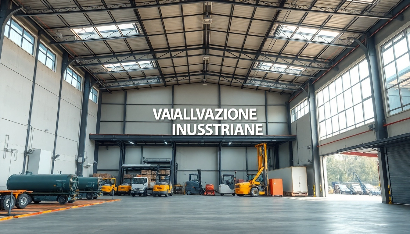 Valutazione del capannone industriale ritratta in un moderno magazzino industriale che mostra interni spaziosi e ambienti professionali.