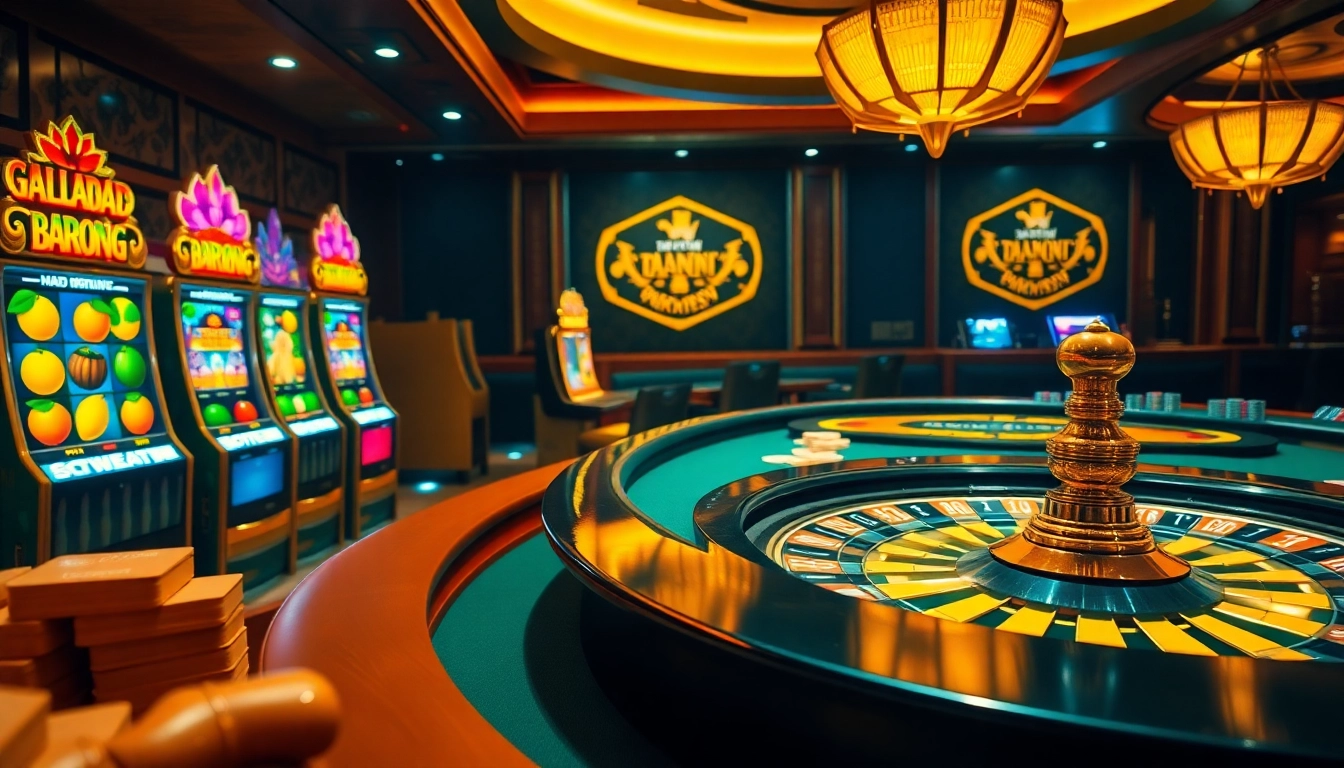 Engaging casino experience with Raja Barong theme, showcasing vibrant slot machines and poker tables.