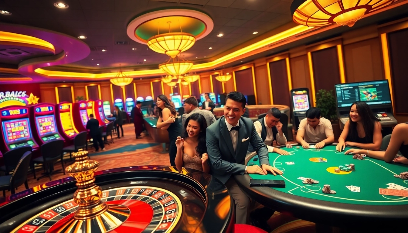 Exciting RR88 casino scene with roulette wheel, players, and vibrant slot machines.