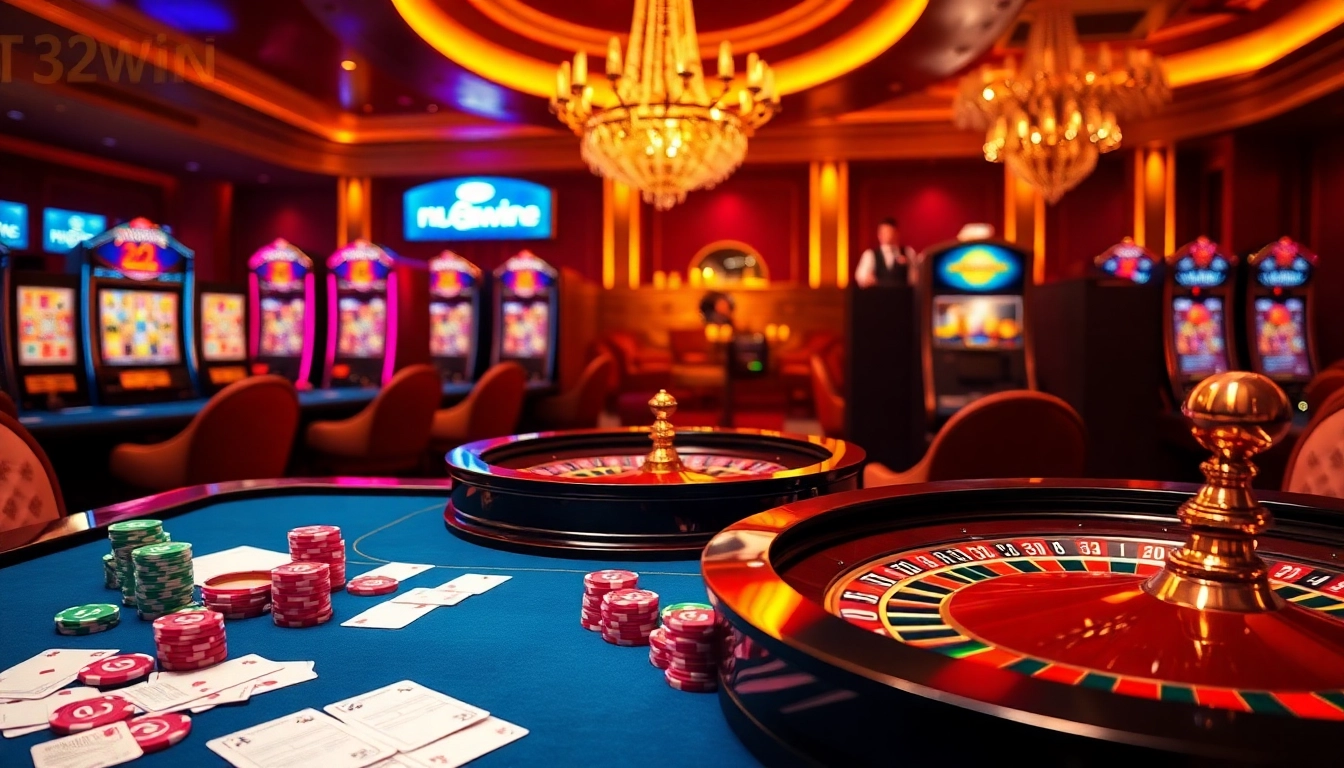 Experience the thrill of betting at 32win's glamorous casino table filled with poker chips and cards.