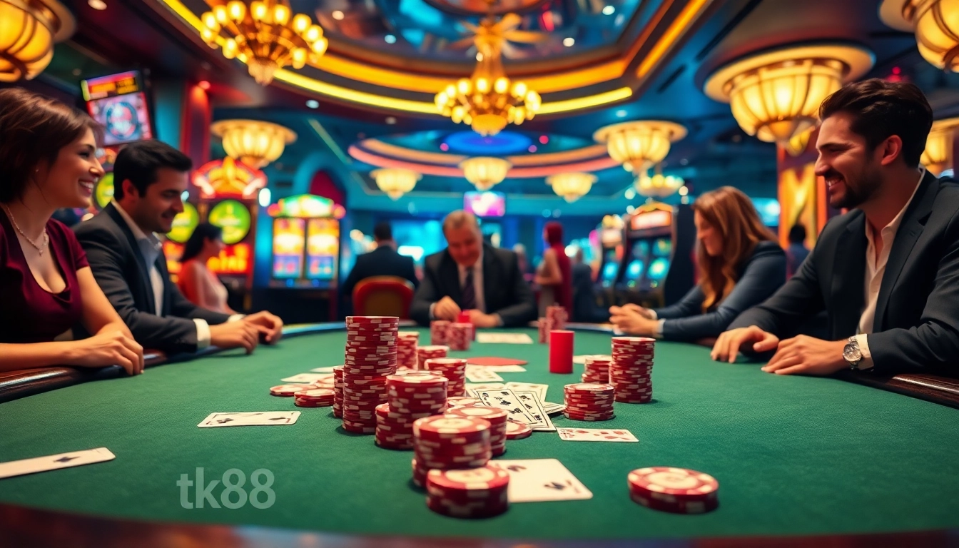 Engaged players enjoying exciting games at tk88 casino with vibrant slot machines.