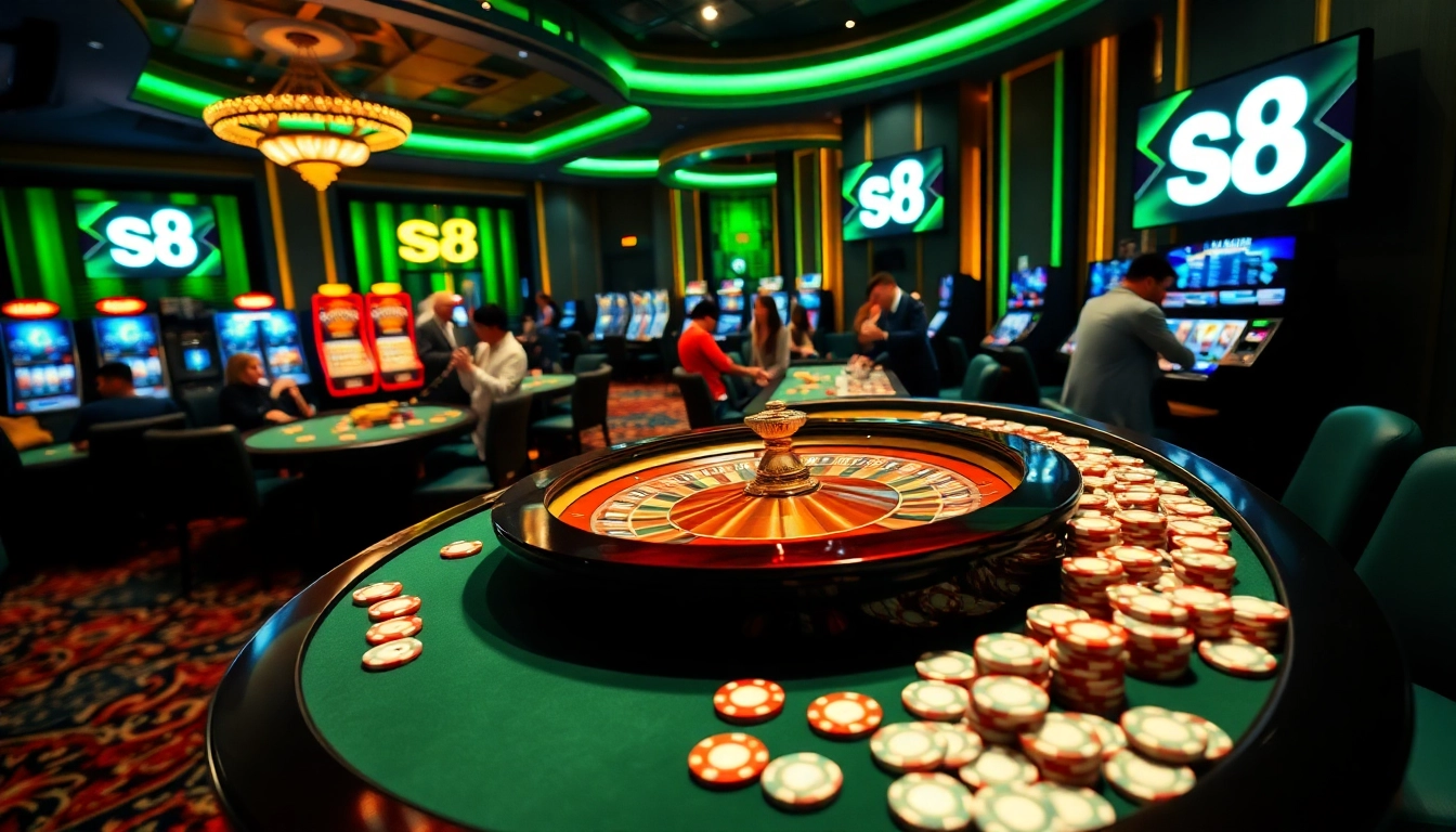 S8 casino players enjoying a thrilling game night with roulette and poker chips.