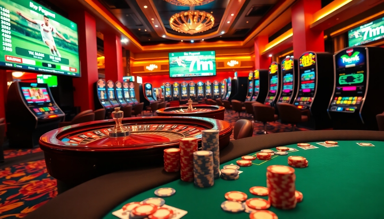 Experience thrilling gaming action at 7m's lively poker table with colorful chips.