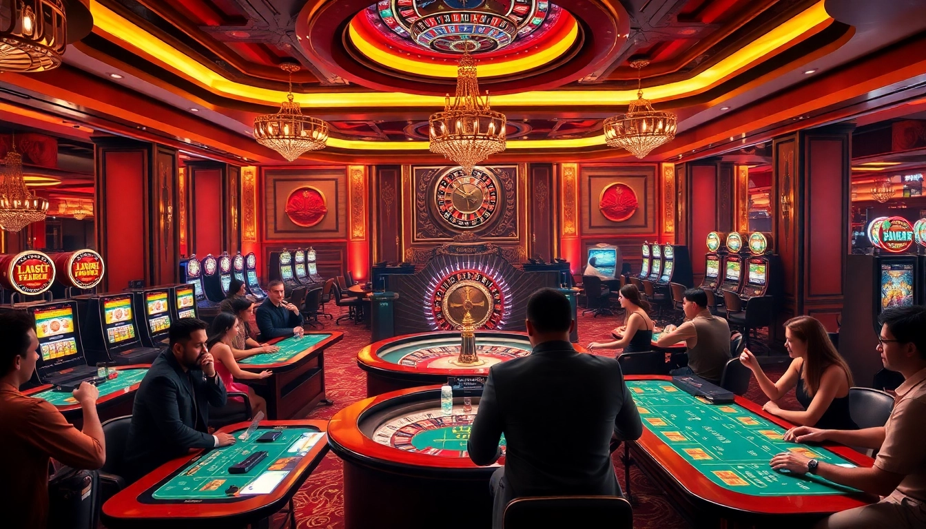 Exciting gaming scene at https://xx88.pizza/ showcasing players at a roulette table and vibrant slot machines.
